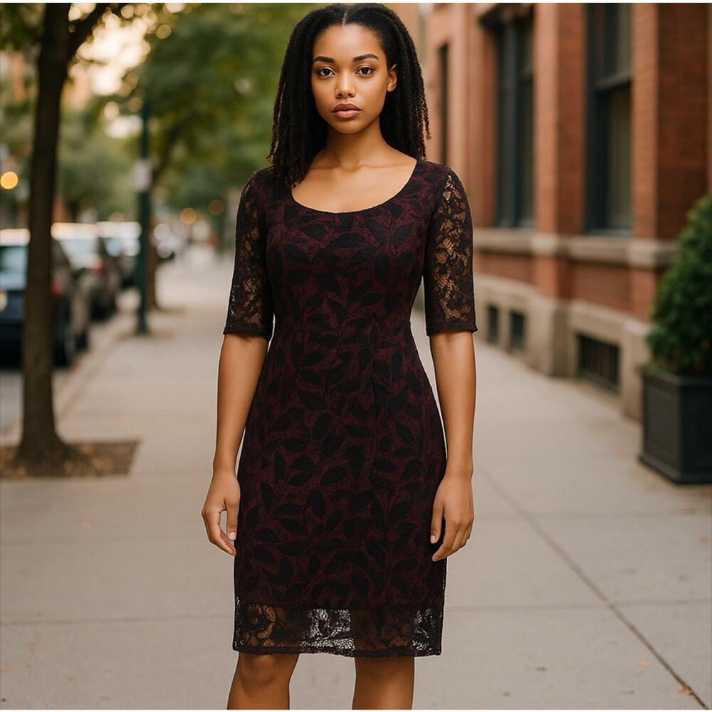 Anthropologie Maeve lace overlay sheath dress black/red Cocktail Party Size 12‎